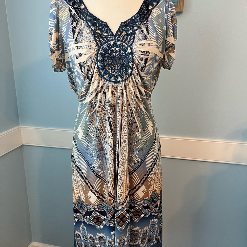 Blue Multi Color Embellished Maxi Sundress